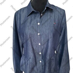 Tommy Hilfiger NWT Women's Medium Blue Chambray Long Sleeve Peplum Button Top